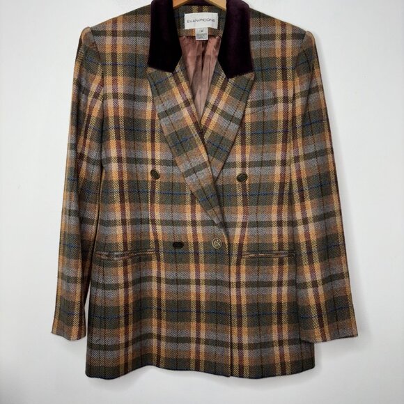 Vintage Evan Picone Tweed Double Breasted Blazer Size 4 Brown Plaid Wool Jacket - Picture 6 of 16